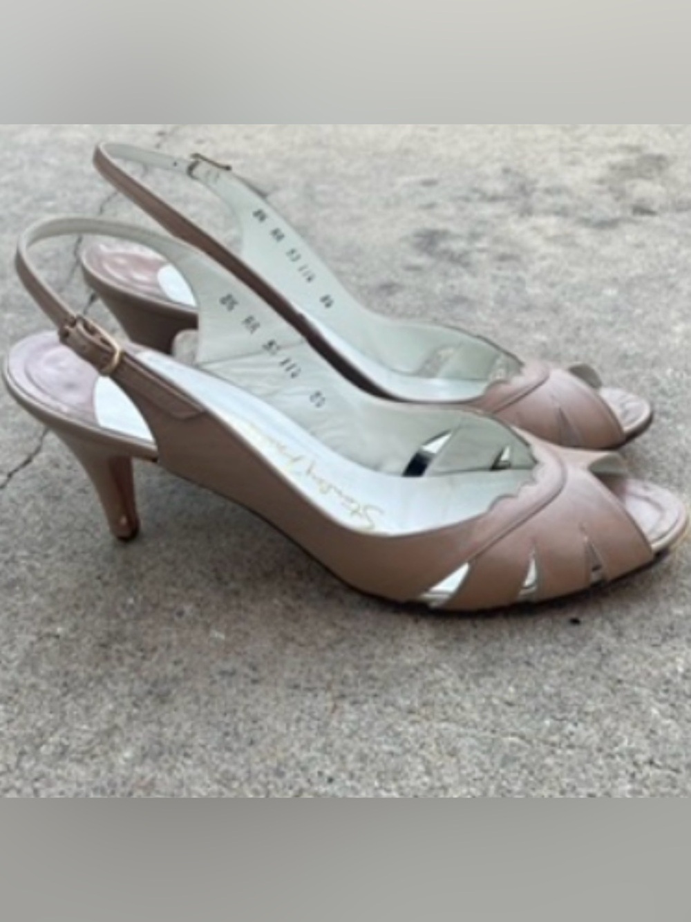 Vintage 1950s 60s Stanley Philipson Nude Leather Slingback Peep Toe Cutout Pumps